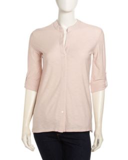 Collarless Tab Sleeve Button Up, Puff