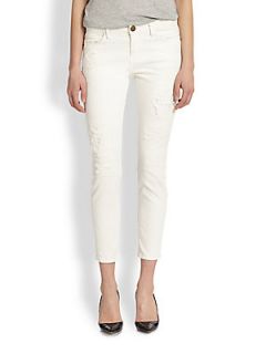 Current/Elliott The Stiletto Distressed Cropped Skinny Jeans   White