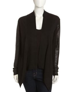 Perforated Leather Sleeve Drape Front Cardigan, Black