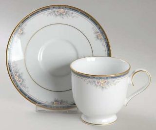 Noritake Ontario Footed Cup & Saucer Set, Fine China Dinnerware   Blue/Gray Band