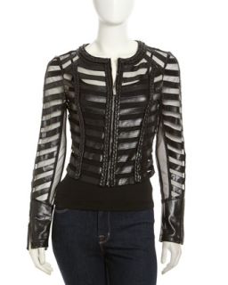 Leather and Organza Striped Long Sleeve Jacket, Black