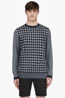 Sacai Blue And Grey Check Crewneck Sweater