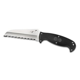Spyderco Jumpmaster Black Frn H 1 Spyderedge Knife (black, silverBlade materials 8Cr13MoVHandle materials Stainless SteelBlade length 4.5 inchesHandle length 5.063 inchesFully serrated blade to quickly cut through ropes, lines, webbing or fabricFiberg