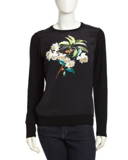 Roland Floral Silk Front Sweater, Black