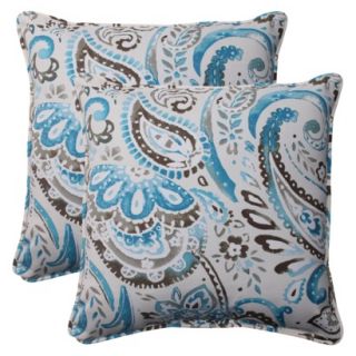Outdoor 2 Piece Square Toss Pillow Set   Grey/Turquoise Paisley