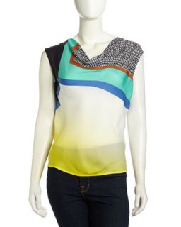 Crystal Sleeveless Graphic Contrast Silk Blouse, Glass