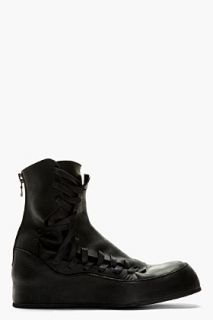 Julius Black Leather Stitched Panel Boots