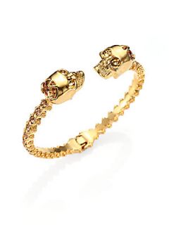 Alexander McQueen Crystal Twin Skull Cuff Bracelet   Gold Topaz
