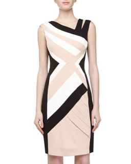 Asymmetric Striped Cocktail Dress, Black/Nude