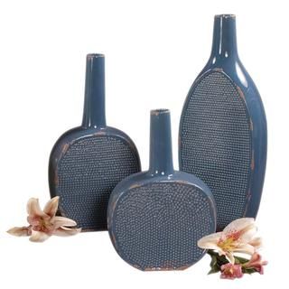 Distressed Steel Blue Glaze Ceramic Bottles (set Of 3)