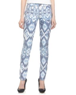 Ikat Print Embroidered Skinny Jeans, Blue