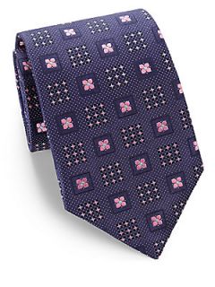 Corneliani Diamond Flower Silk Tie   Navy Pink