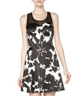 Floral Print Fit And Flare Dress, Black/White