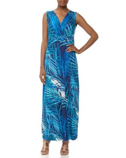 Palm Print Woven Detail Jersey Maxi Dress, Blue
