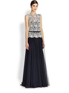 Tadashi Shoji Belted Guipure Lace & Tulle Ball Gown   Ivory/Navy