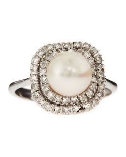 Pave Set Diamond & Pearl Ring, Size 8.25