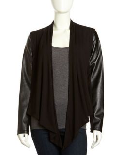 Faux Leather and Jersey Draped Cardigan, Black