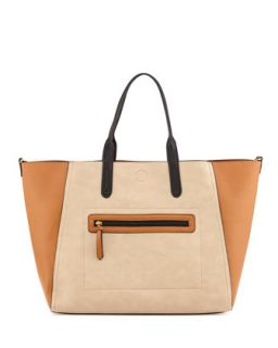 Zip Front Colorblock Reversible Tote Bag, Natural/Luggage/Black