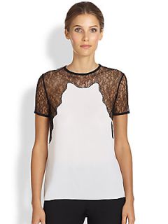 Michael Kors Lace Trimmed Silk Tee   White