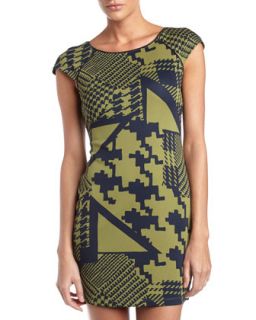 Mixed Houndstooth Print Scuba Jersey Dress, Olive/Navy