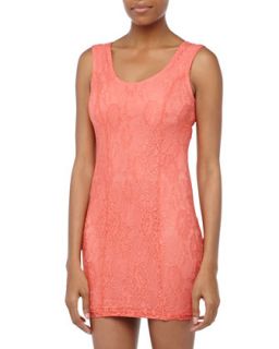 Sleeveless Lace Formfitting Dress, Coral