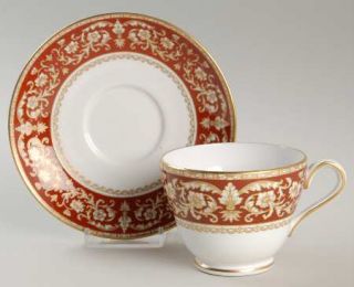 Spode Renaissance Red Footed Cup & Saucer Set, Fine China Dinnerware   Gold & Wh