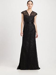 Carmen Marc Valvo Sequined Lace Gown   Black