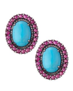 Oval Turquoise, Ruby & Diamond Pave Set Earrings