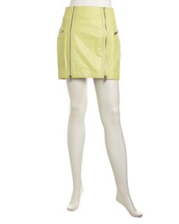 Boxy Bleached Leather Zip Skirt, Neon