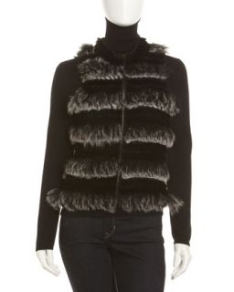 Rabbit Fur Zip Front Knit Vest, Black