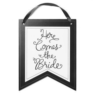 Hortense B. Hewitt Here Comes The Bride Pennant Sign (White/ blackMaterials Satin, wood, foam boardIncludes One (1) signDimensions 20 inches x 16 inches x 0.2 inch )