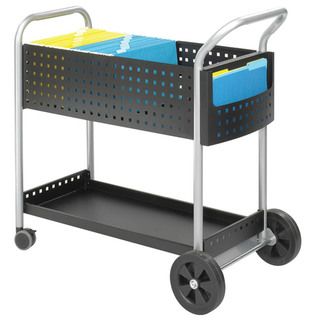 Safco Steel Black 32 inch Scoot Mail Cart (BlackTop basket will hold legal sized folders and the bottom shelf will hold packages of various sizesLip around the shelf keeps packages from sliding off in transport3 inch front swivel casters and oversize 8 in