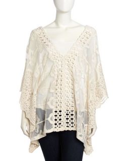 Floral Embroidered Mesh Poncho Tunic, Natural