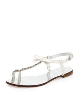 Hetta Jeweled Silk T Strap Sandal, White