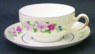 Heinrich   H&C Hc358 Flat Cup & Saucer Set, Fine China Dinnerware   Floral On Cr