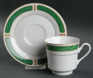 Sango Malachite Footed Cup & Saucer Set, Fine China Dinnerware   Majesty,Green &