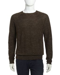 Raglan Cross Stitch Wool Pullover Sweater, Khaki