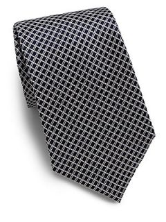 Diamond Grid Silk Tie   Navy White