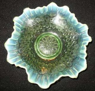 Jefferson Glass Many Loops Green Opalescent 8 Triangular Bowl   Green Opalescen