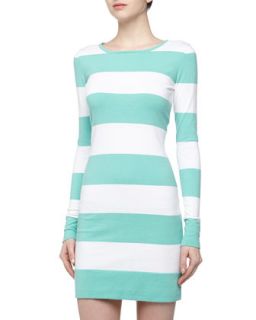 Long Sleeve Rugby Striped Stretch Knit Dress, Pool/White