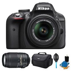 Nikon D3300 DSLR HD Black Camera, 18 55mm Lens, 55 300mm Lens and Case Bundle