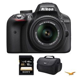 Nikon D3300 DSLR HD Black Camera with 18 55mm Lens, 16GB Card, and Case Bundle