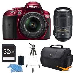 Nikon D5300 DX Format Digital SLR Kit (Red) w/ 18 55mm DX & 55 300mm VR Lens Bun
