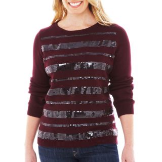 LIZ CLAIBORNE Long Sleeve Sequin Striped Sweater   Plus, Merlot Sorbet, Womens