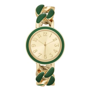 Womens Gold Tone Enamel Chain Bracelet Watch, Green