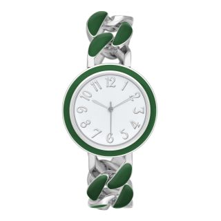 Womens Silver Tone Enamel Chain Bracelet Watch, Green