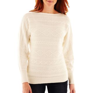 LIZ CLAIBORNE Long Sleeve Cable Sweater, Marshmallow, Womens