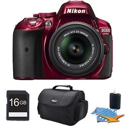 Nikon D5300 DX Format Digital SLR Kit (Red) w/ 18 55mm DX VR II Lens 16GB Bundle