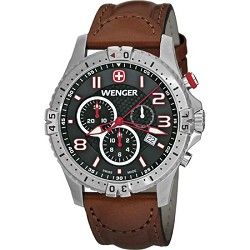 Wenger Mens Squadron Chrono Watch   Black Dial/Brown Leather Strap