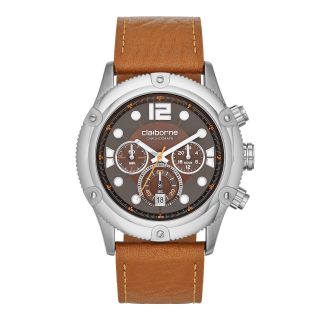 CLAIBORNE Mens Silver Tone Brown Leather Strap Chronograph Watch